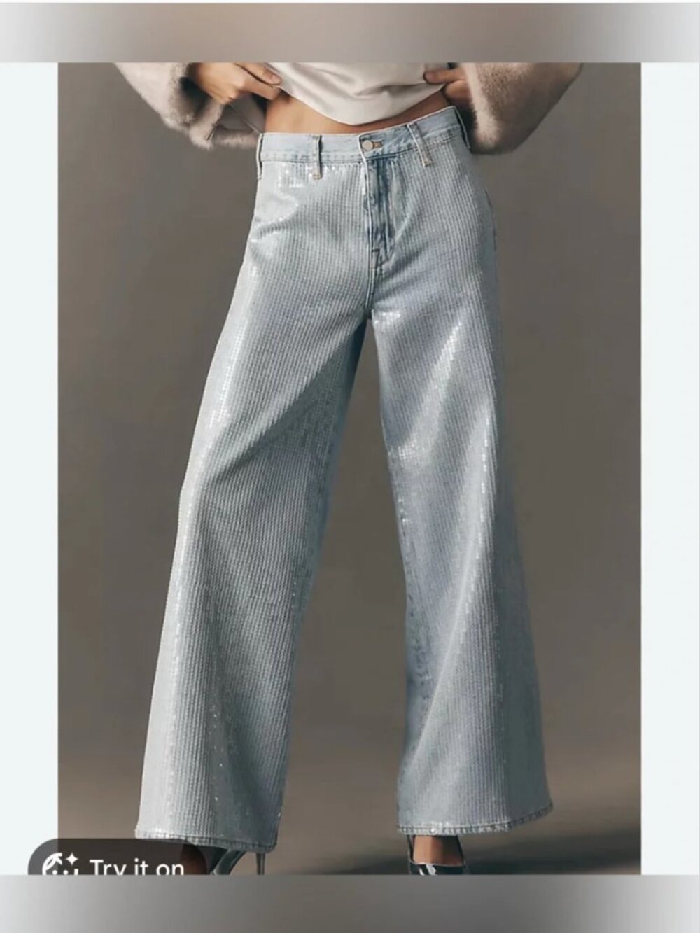 Anthropologie Pilcro Sequin Skater High-Rise Wide-Leg Blue Jeans size 26